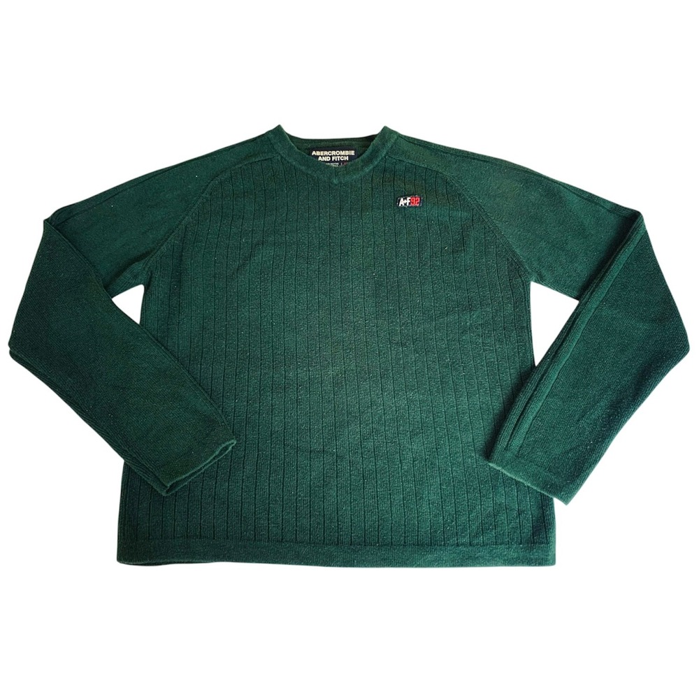 Vintage 90s Abercrombie Fitch Sweater Men M Green Rib Knit Embroidered Crewneck